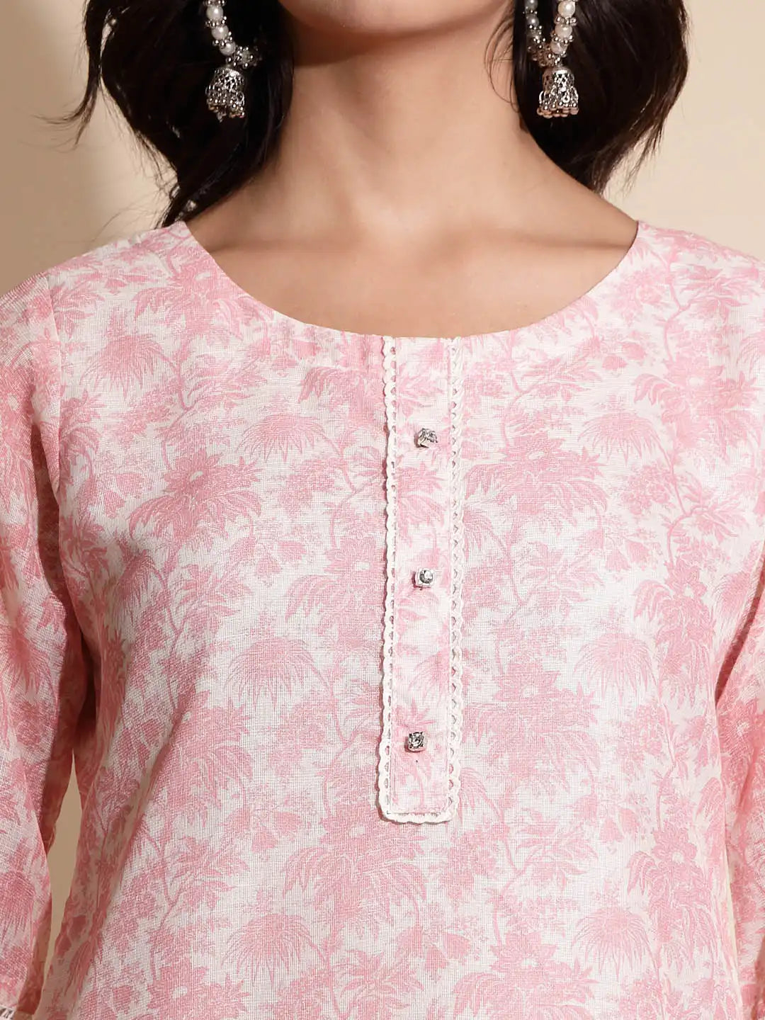 Pink Floral Print Three Fourth Sleeve Round Neck Tunic Set