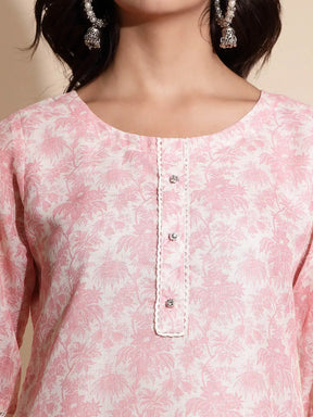 Pink Floral Print Three Fourth Sleeve Round Neck Tunic Set