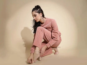 Dusty Pink Solid Full Sleeve Round Neck Hosiery Co-ord Sets