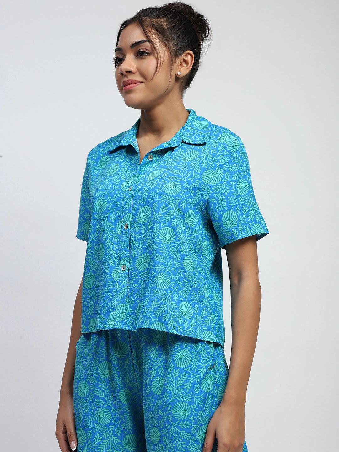 Blue Rayon Floral Print Nightsuit