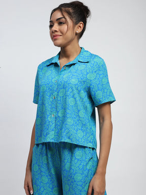 Blue Rayon Floral Print Nightsuit