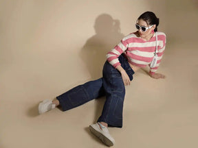 Peach Striped Full Sleeve Round Neck Acrylic Pullover