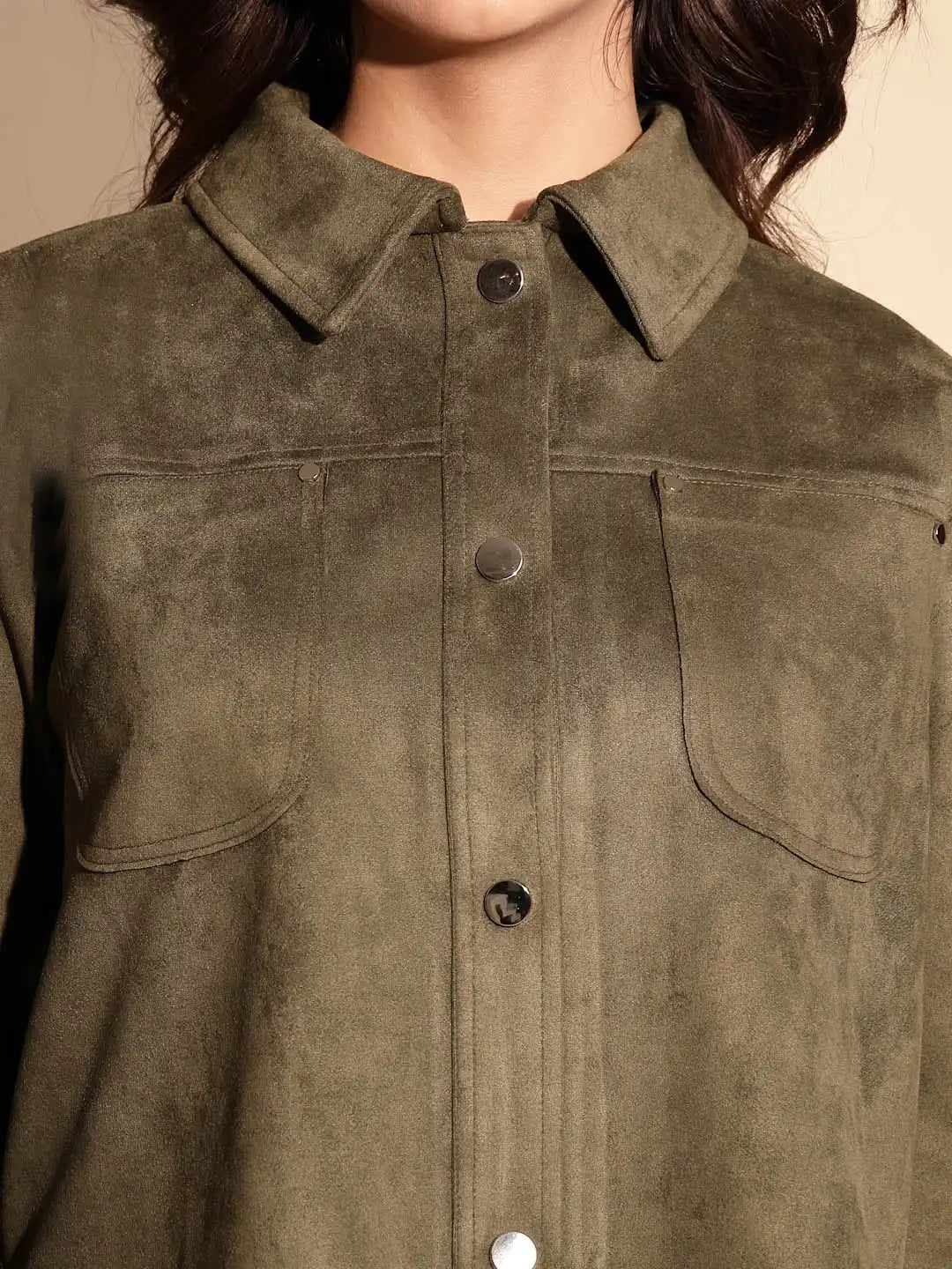 Olive Green Solid Full Sleeve Collared Neck Suede Shacket