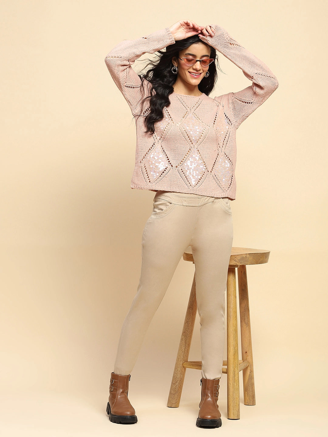 Dusty Pink Acrylic Relaxed Fit Pullover
