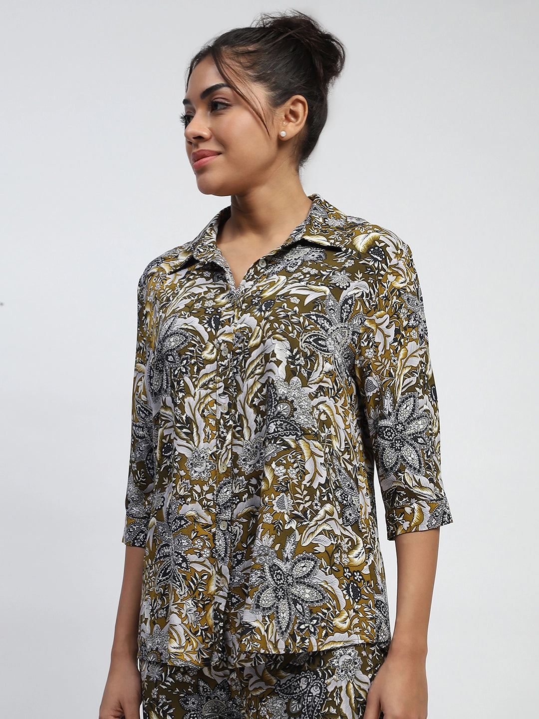 Olive Rayon Floral Nightsuit
