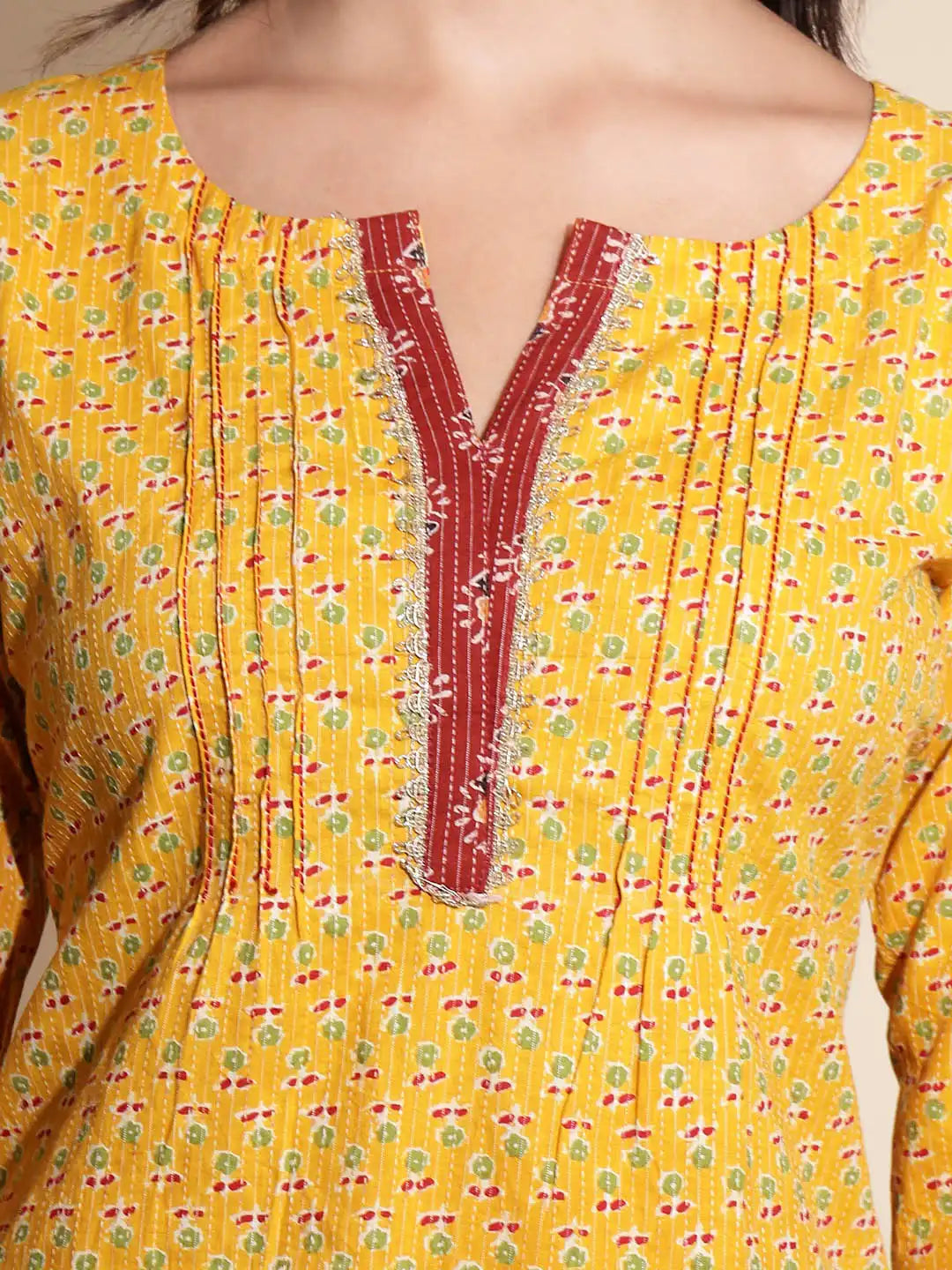 Yellow Embellished Three Fourth Sleeve V Neck Cotton Kurta Set - Global Republic