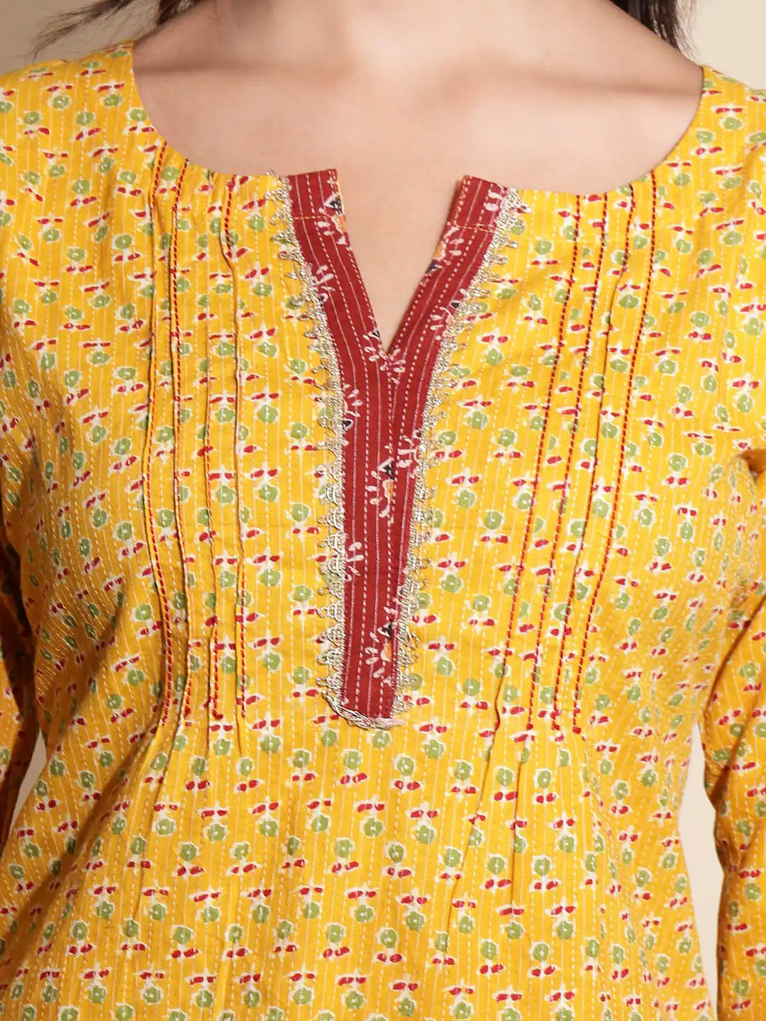 Yellow Embellished Three Fourth Sleeve V Neck Cotton Kurta Set
