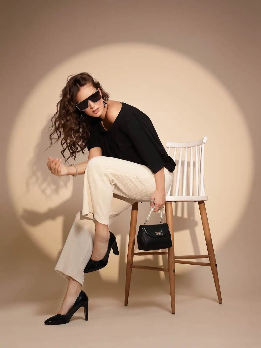 Black Off Shoulder Polyester Top