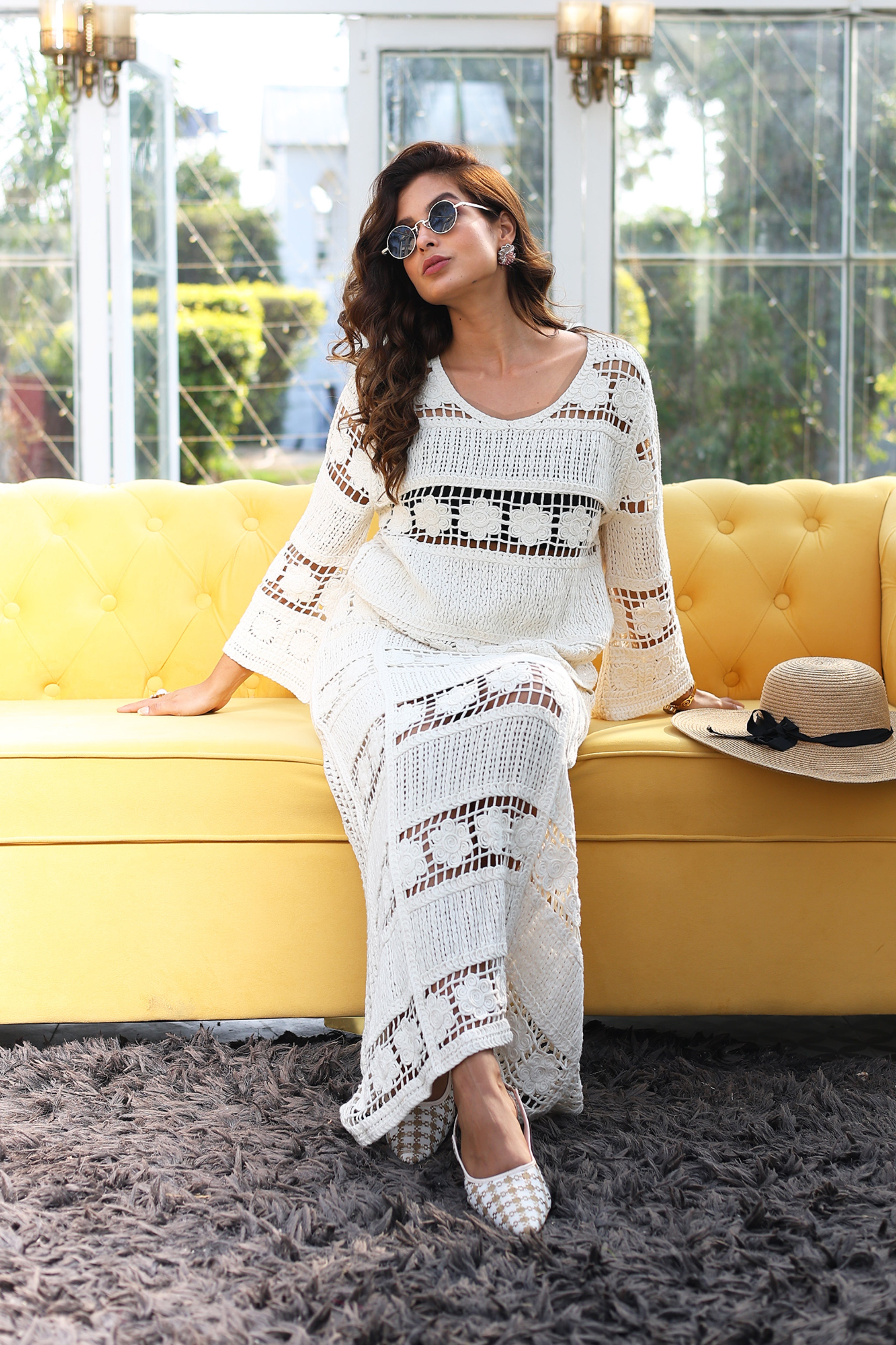 Off-White Crochet Top & Maxi Skirt Set