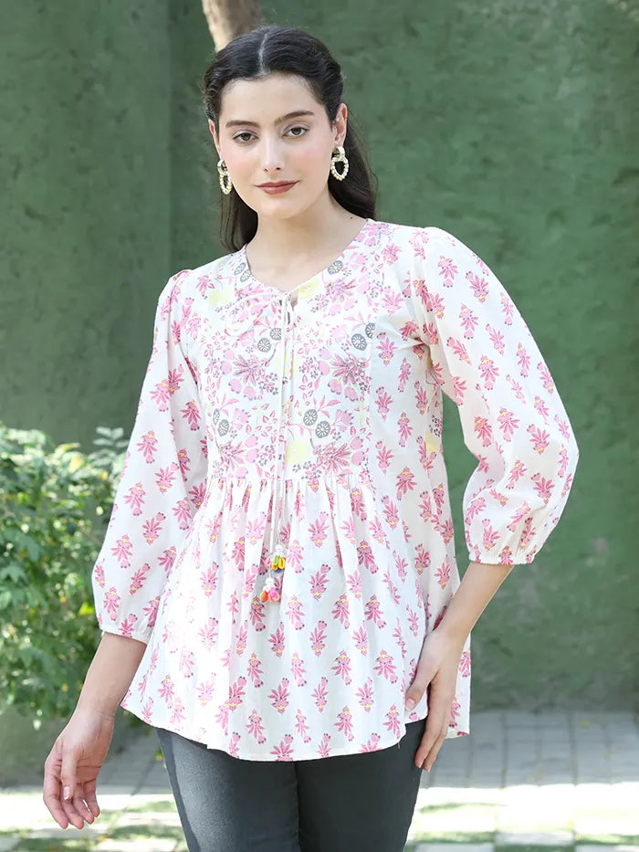 White Floral Embroidered Cotton Tunic - Global Republic