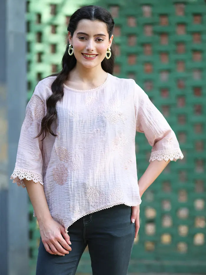 Pink Embroidered Poly Linen Top