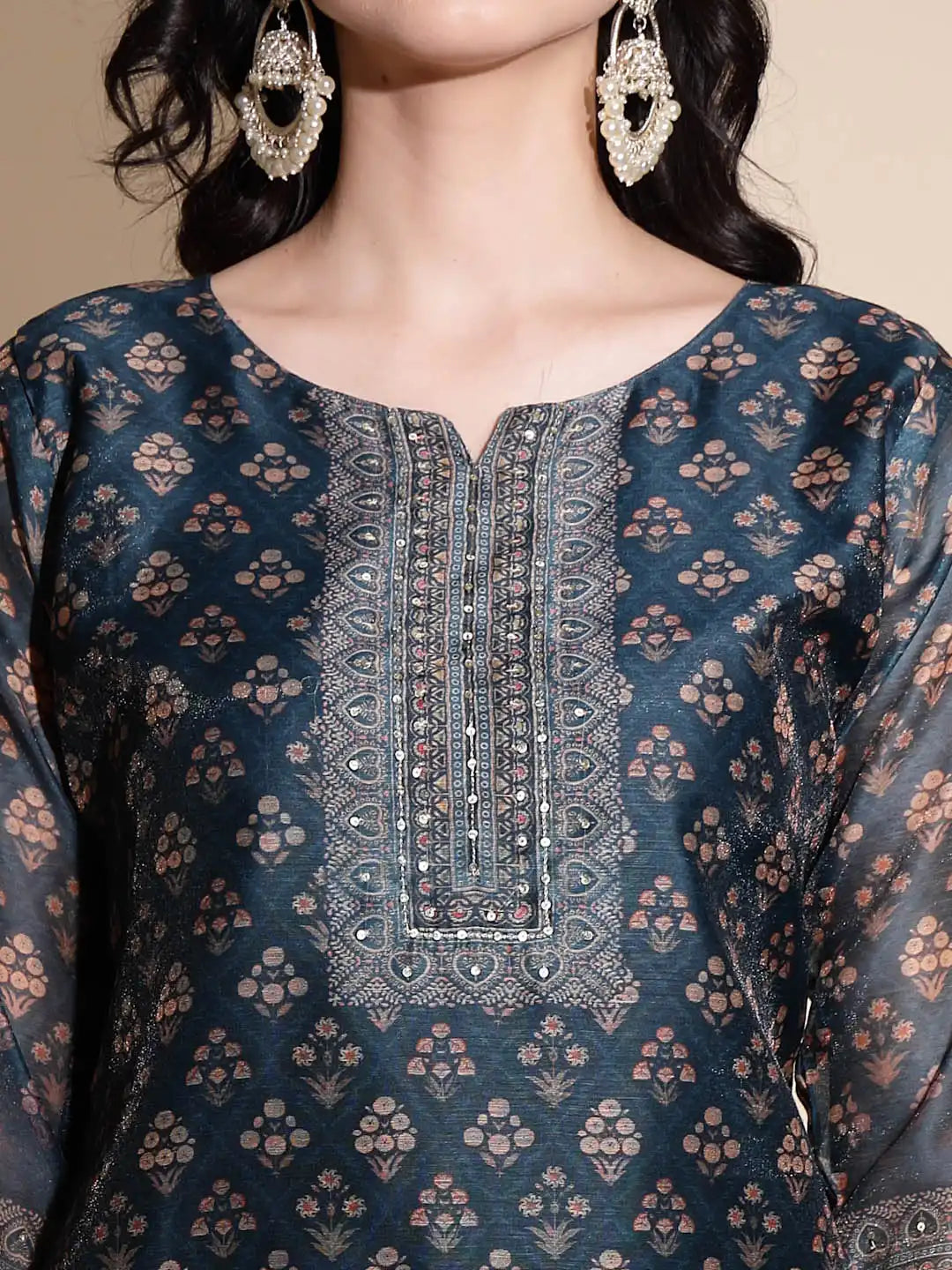Blue Embroidery Print Three Fourth Sleeve Cotton Kurta Set - Global Republic