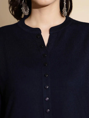 Navy Blue Abstract Print Full Sleeves Collared With V-Neck Woolen Kurta