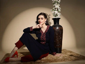 Royal Blue Embroidered Full Sleeves Raglan Cut Crew Neck Woolen Kurta