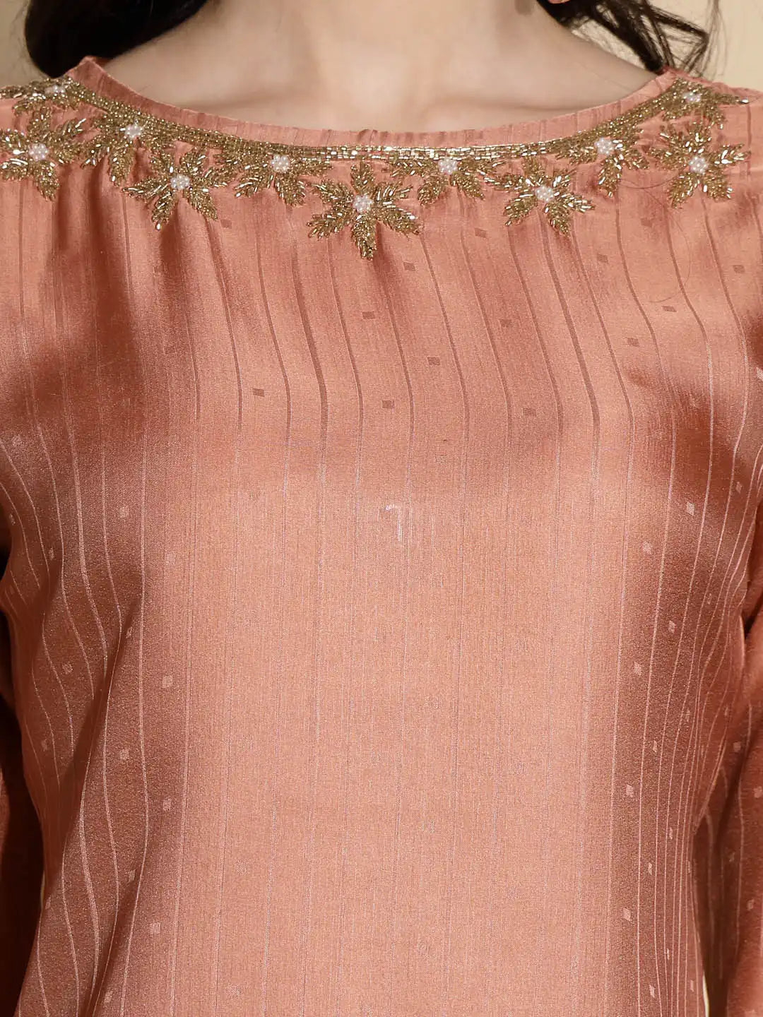 Peach Embroidered Three Quarter Sleeves Round Neck Tunic Set