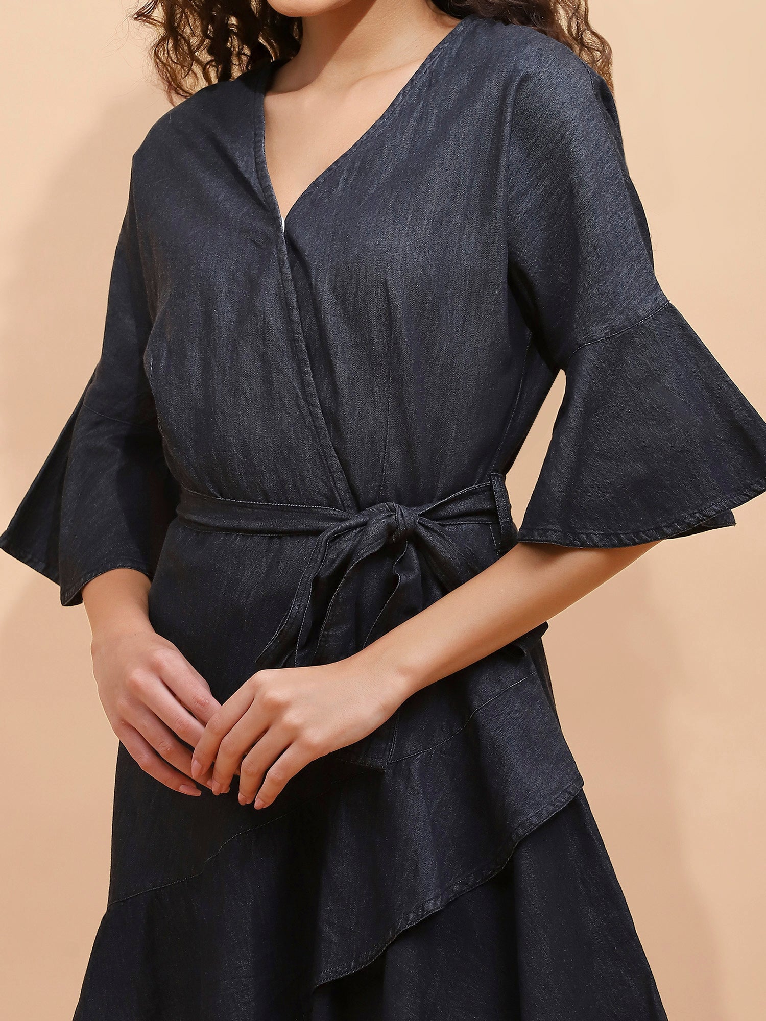 Women Charcoal Black Cotton Blend Flared Wrap Dress