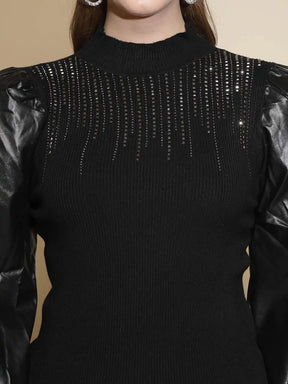 Black Embellished Full Sleeve Turtle Neck Pullover Sweater