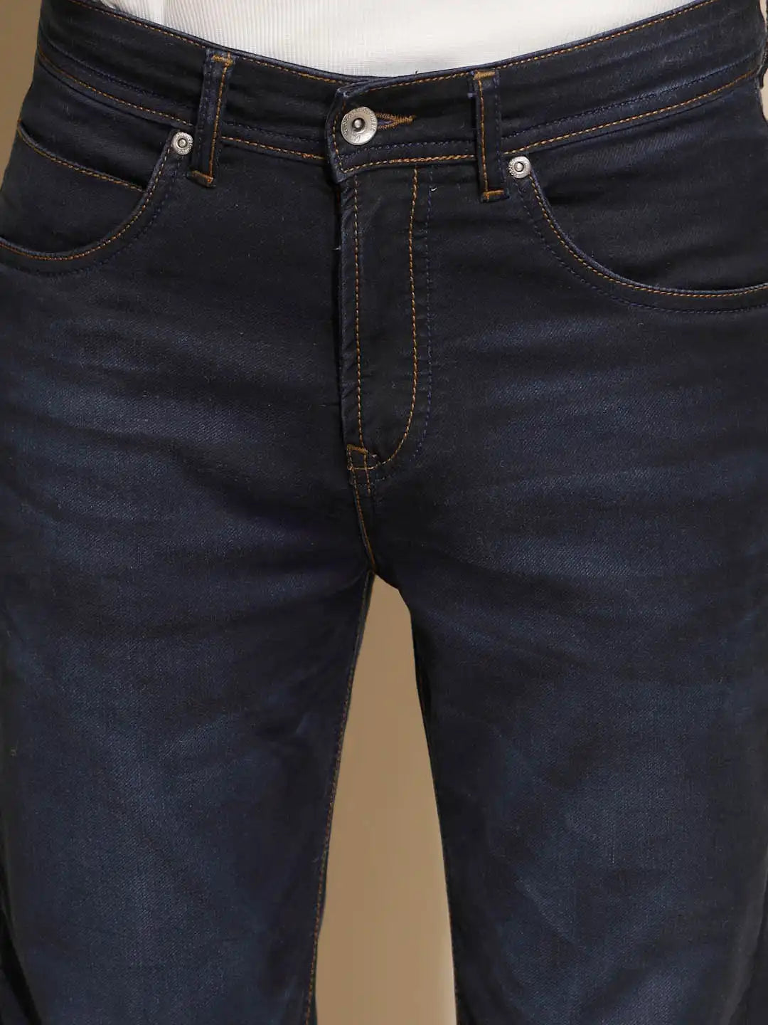 Dark Blue Solid Mid Rise Regular Fit Denim Jeans