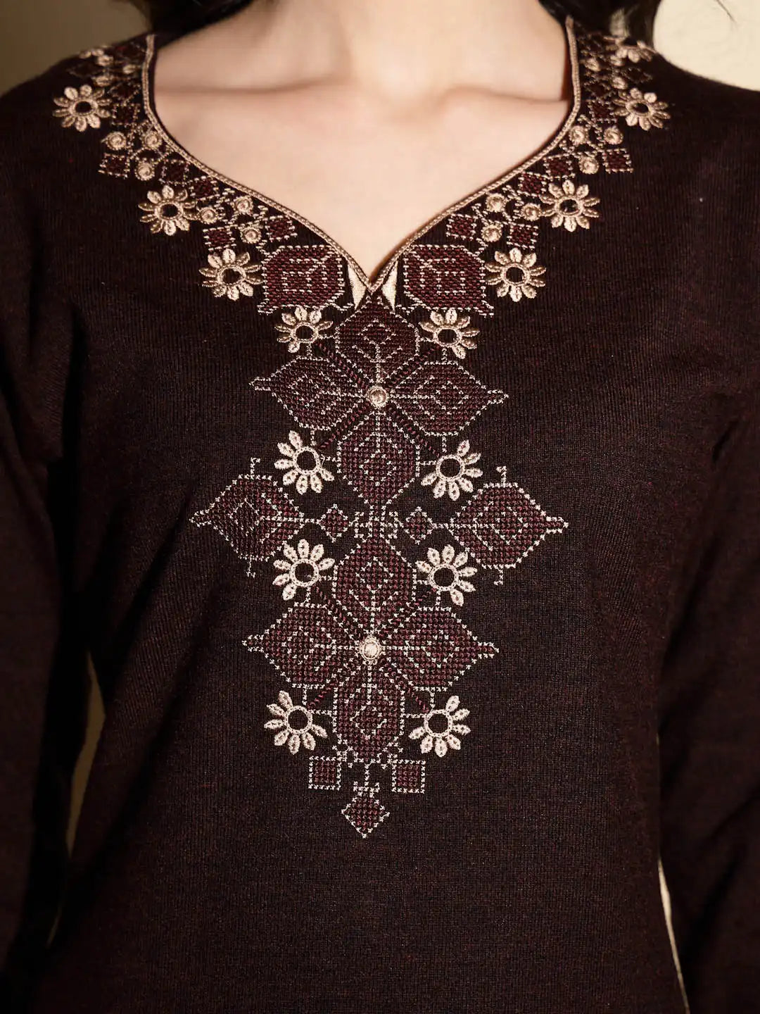 Wine Embroidered Raglan Cut Crew Neck Woolen Straight Fit Kurta - Global Republic