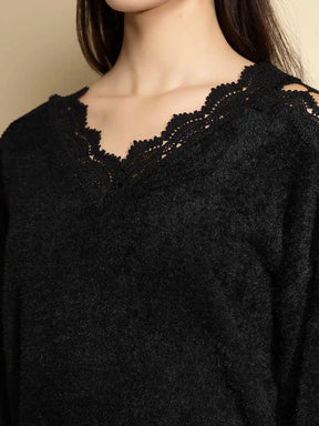 Black Embellished Full Sleeve V-Neck Acrylic Pullover