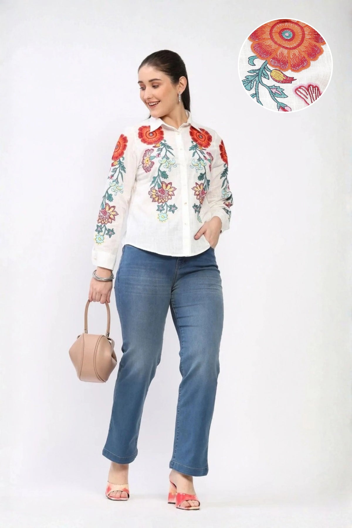 White Floral Embroidered Cotton Shirt