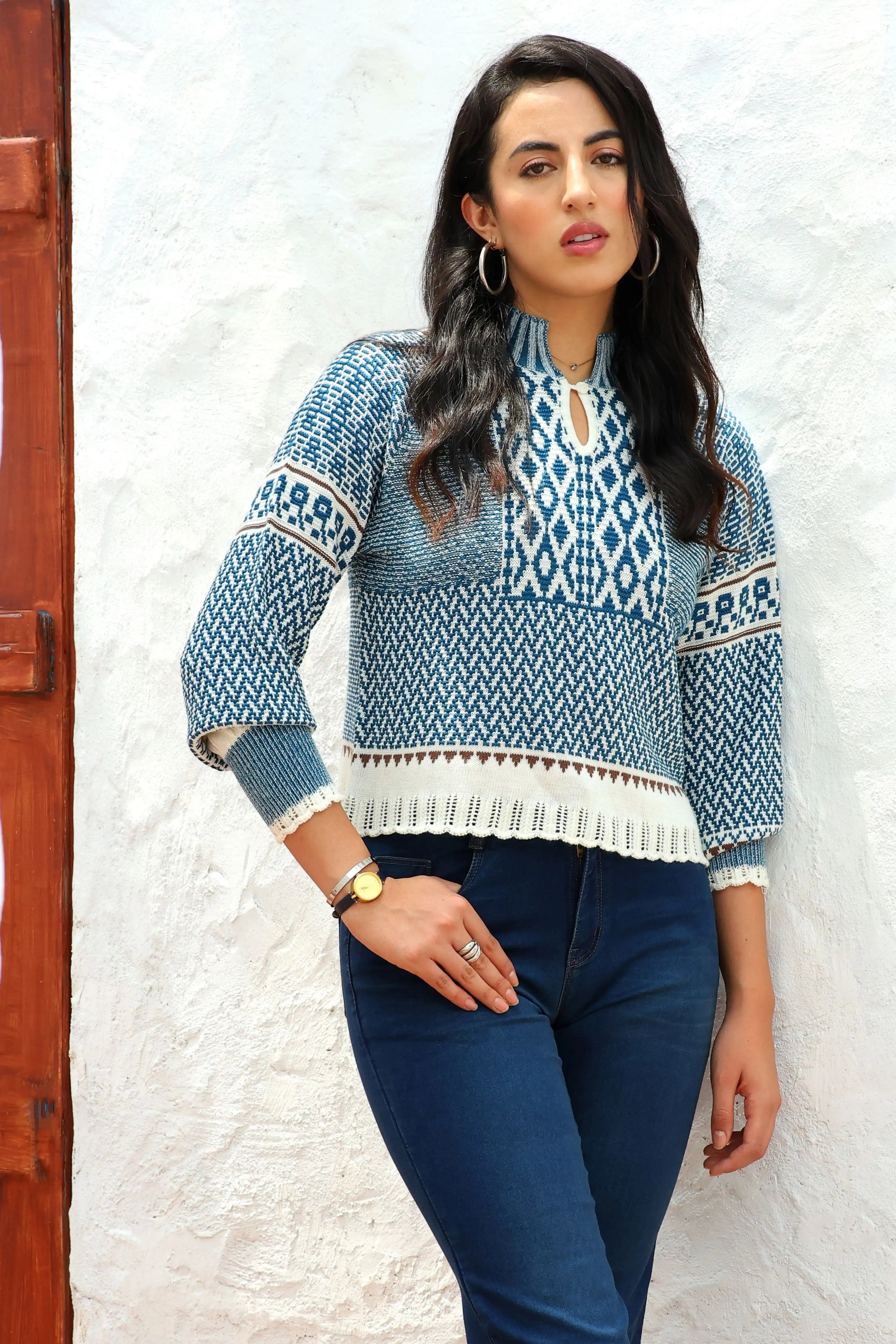 Woven Blue Wool Blend Pullover