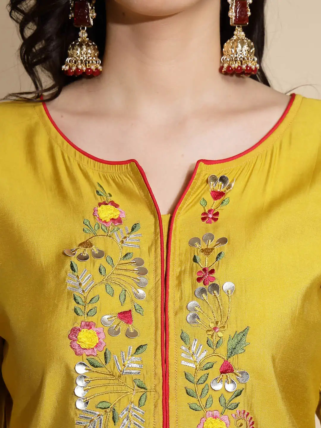 Mustard Embroidered Three Quarter Sleeves Round With V-Neck Cotton Blend Kurta
