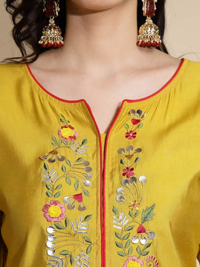 Mustard Embroidered Three Quarter Sleeves Round With V-Neck Cotton Blend Kurta