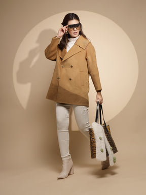 Women Brown Solid Collared Neck Full Sleeve Wool Coat