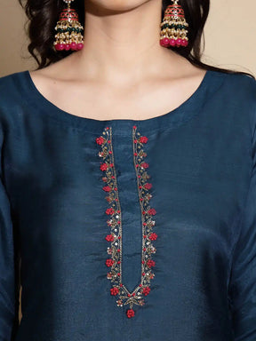 Teal Embroidered Cotton Kurta Bottom Set With Organza Dupatta