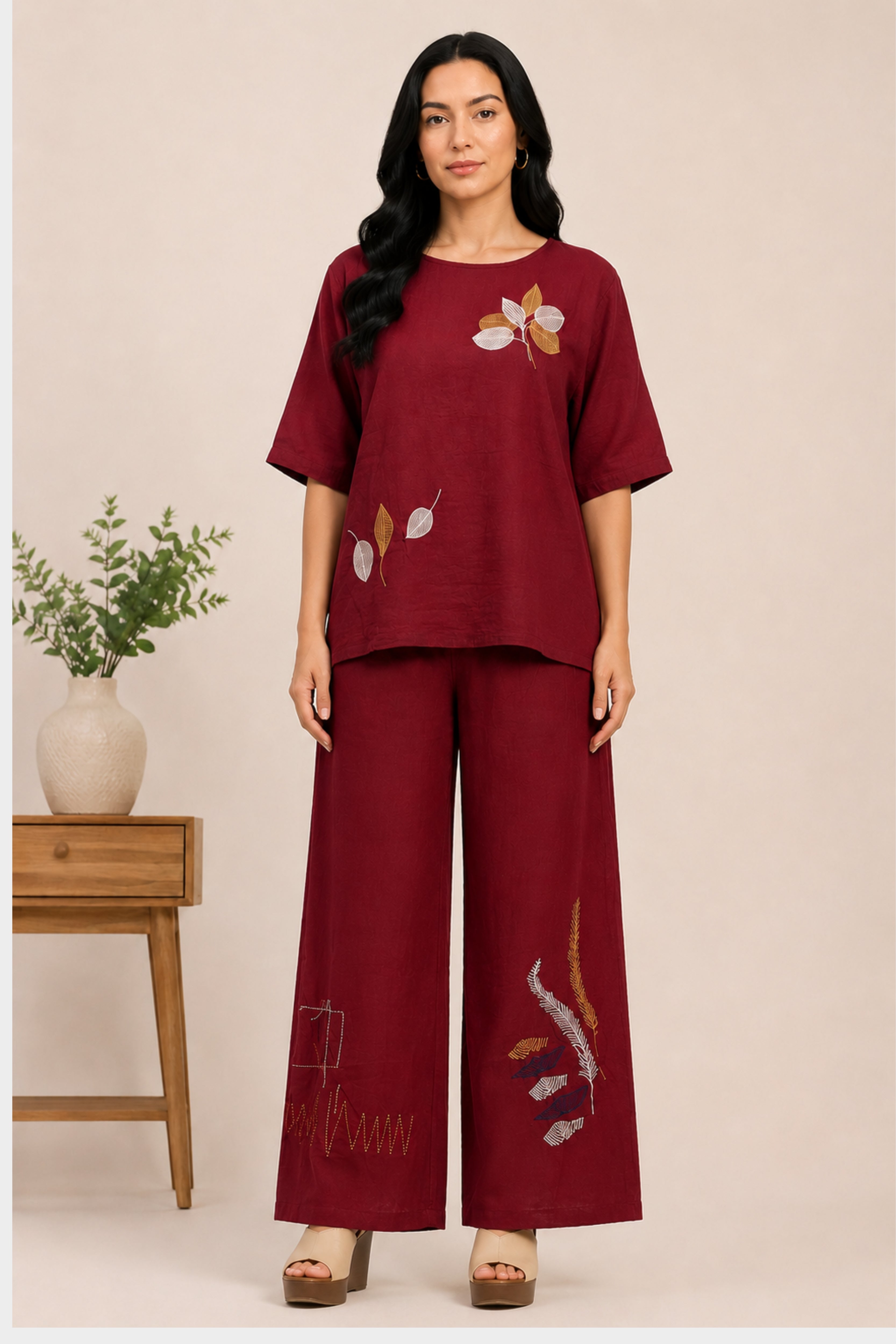Maroon Leaf Embroidered Lounge Wear Set
