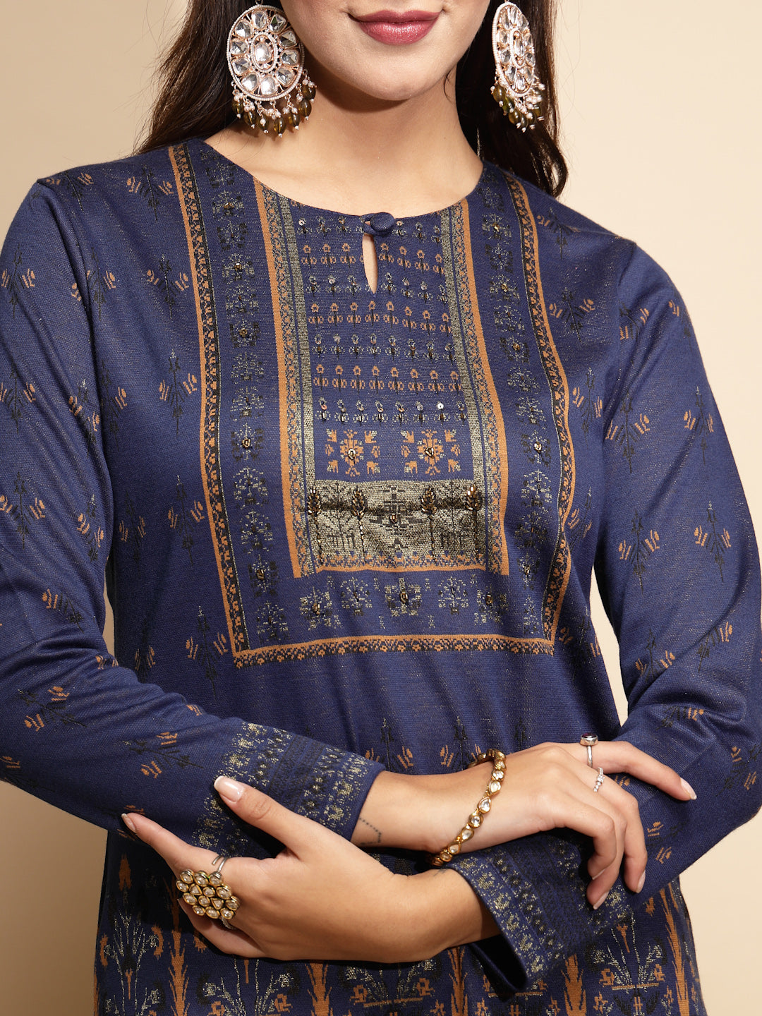 Blue Printed Full Sleeve Key Hole With Button Neck Woolen Kurta - Global Republic
