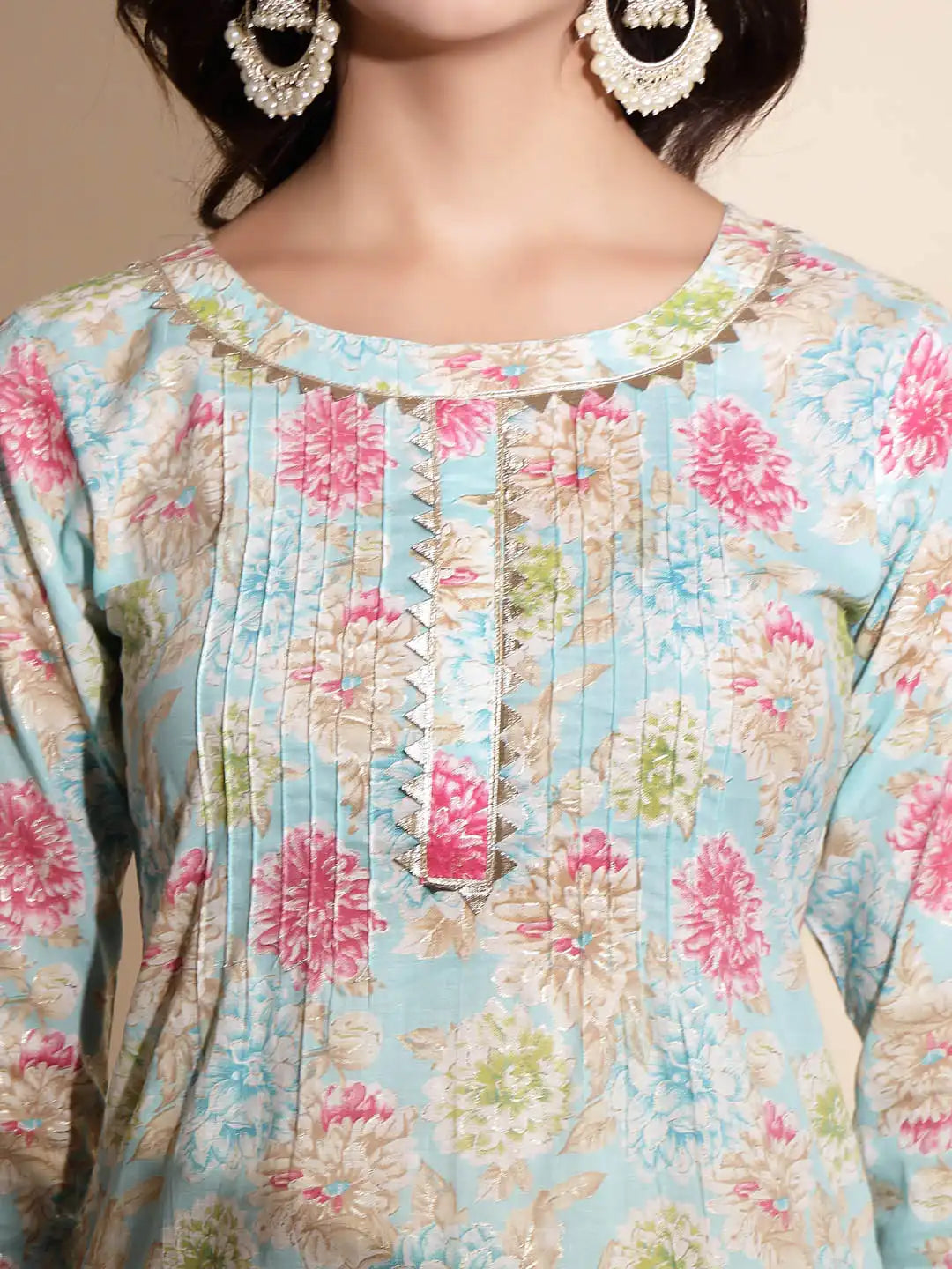 Blue Floral Printed Cotton Kurta Set - Global Republic