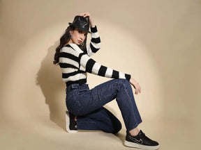 Black And Cream Striped Full Sleeve Round Neck Acrylic Pullover