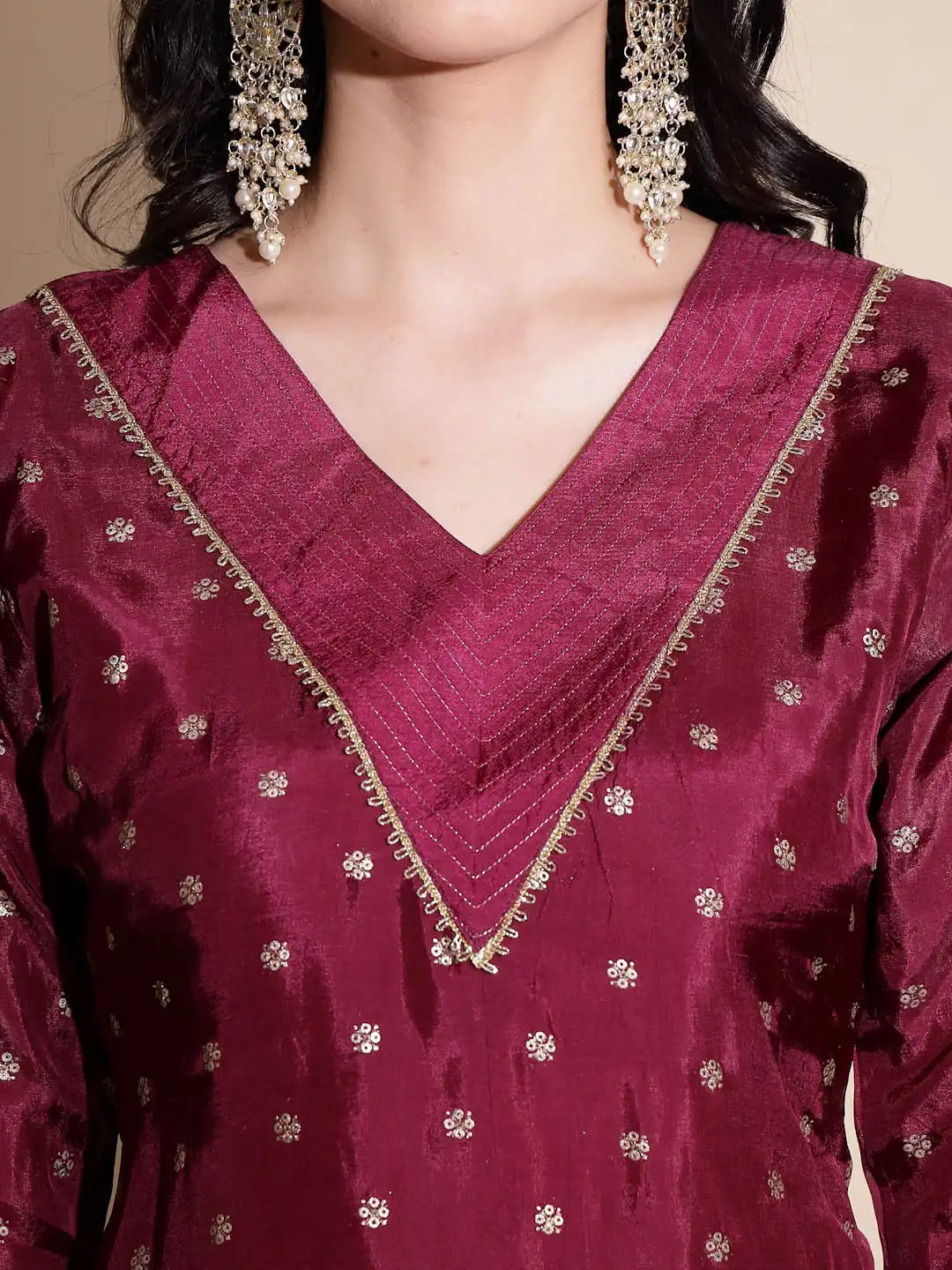 Purple Embellished Three Fourth Sleeve V Neck Kurta Set