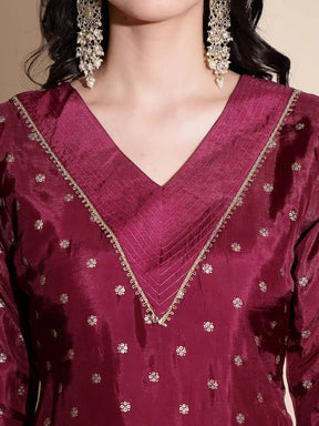 Purple Embellished Three Fourth Sleeve V Neck Kurta Set