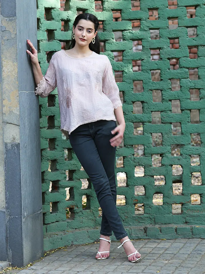 Pink Embroidered Poly Linen Top