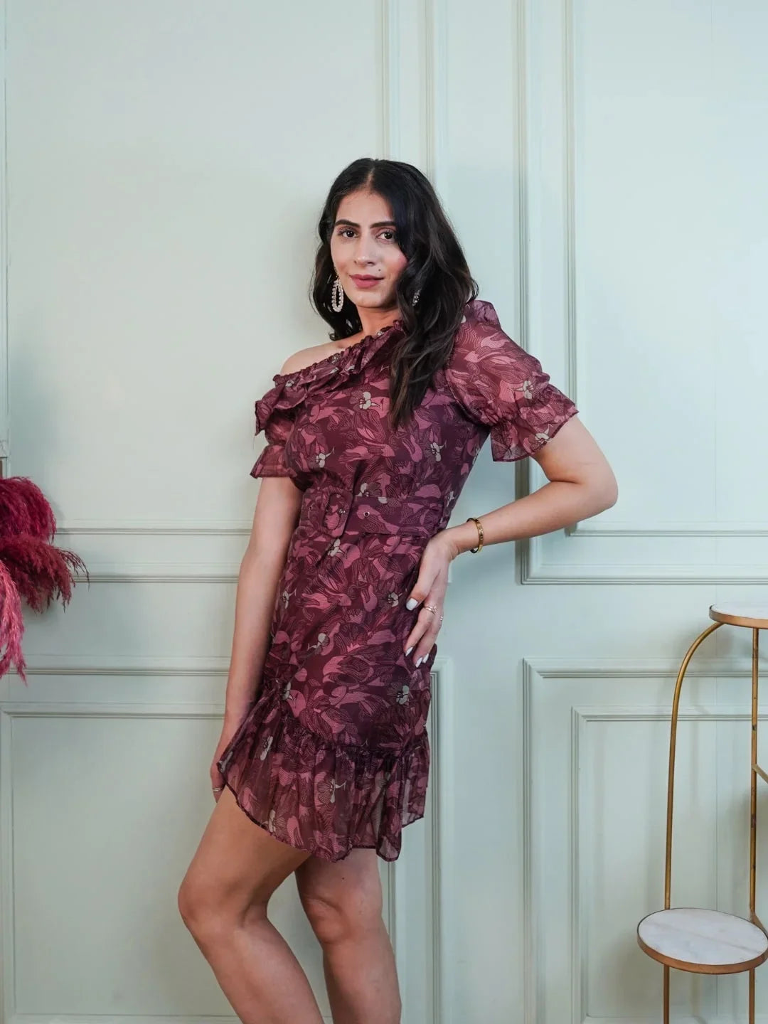Wine Off Shoulder Printed  Dress With Waist Belt - Global Republic