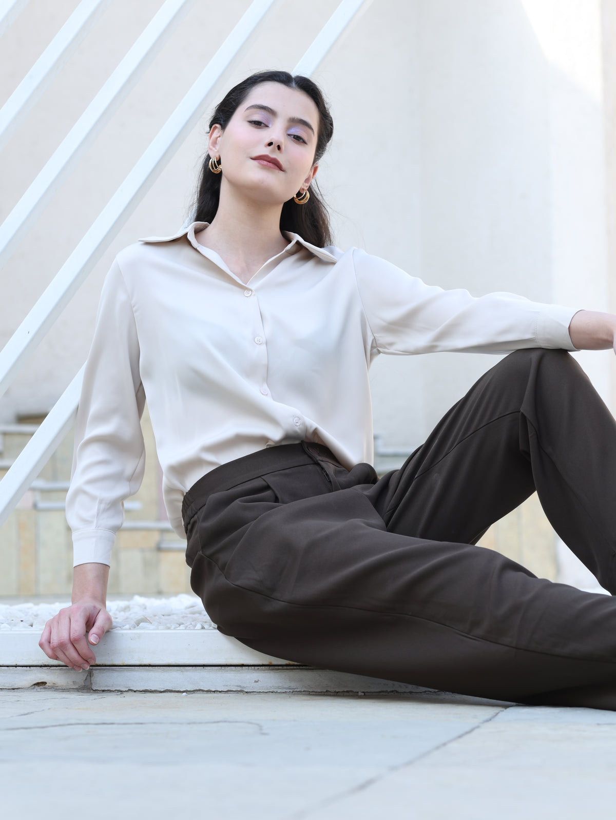 Champagne Solid Satin Relaxed Fit Shirt