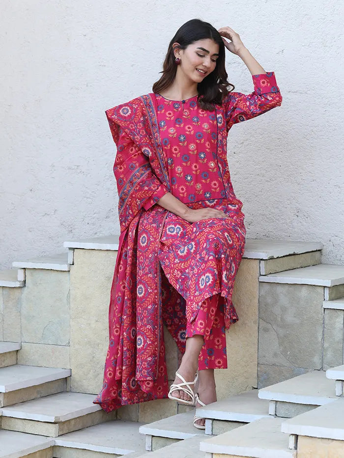 Magenta Floral Embroidered Suit Set - Global Republic