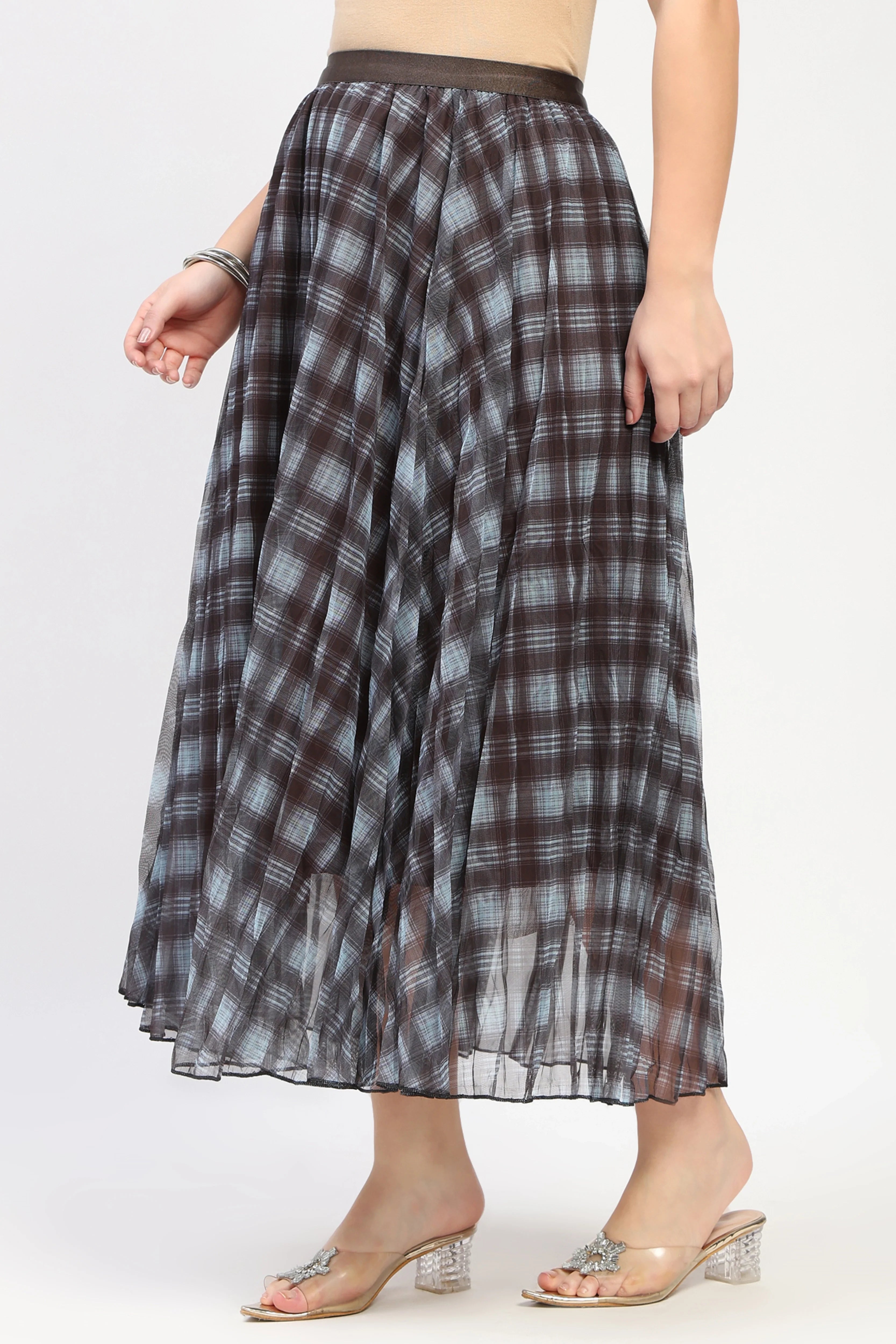 Coffee Check Flared Midi Skirt-Global Republic