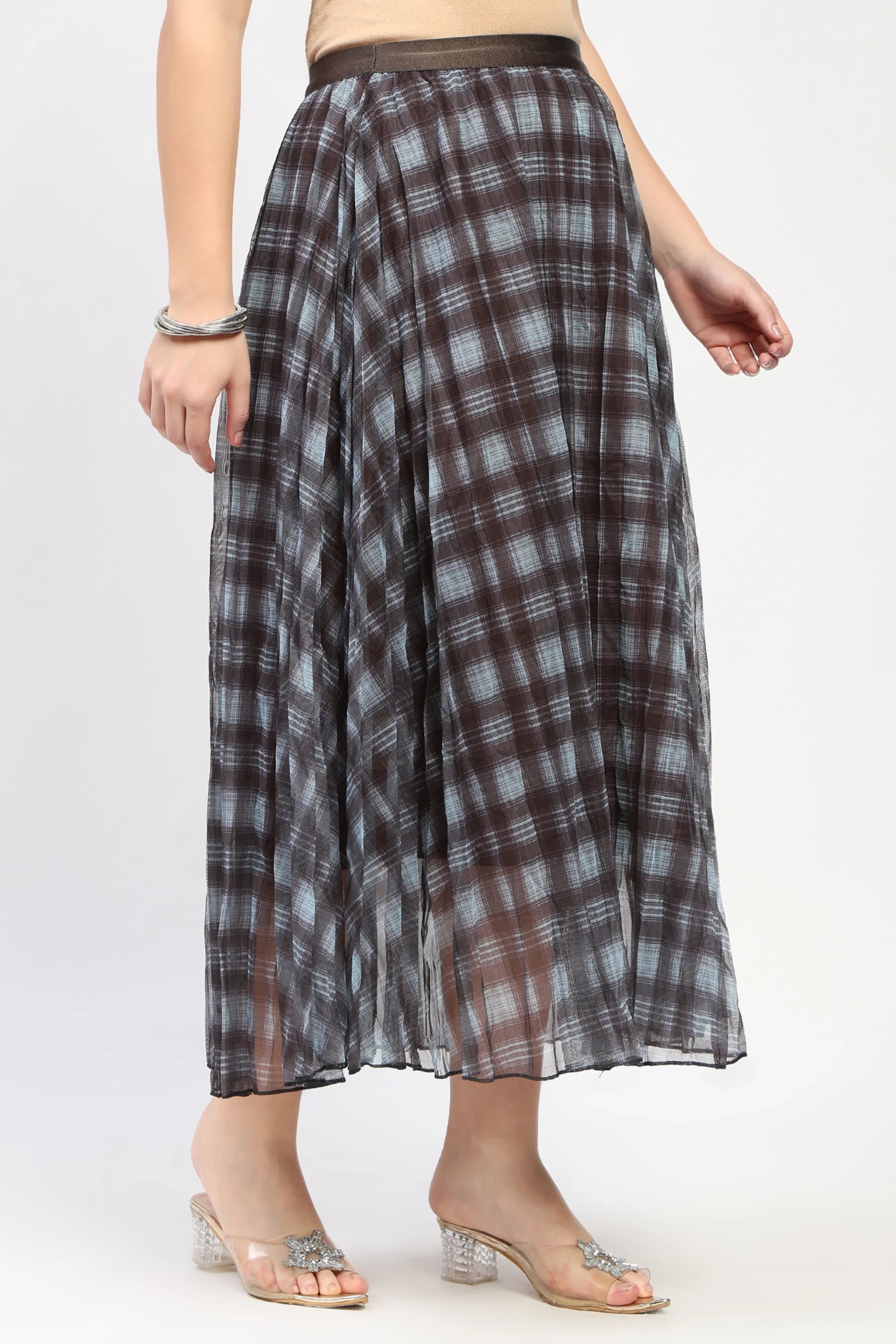 Coffee Check Flared Midi Skirt-Global Republic