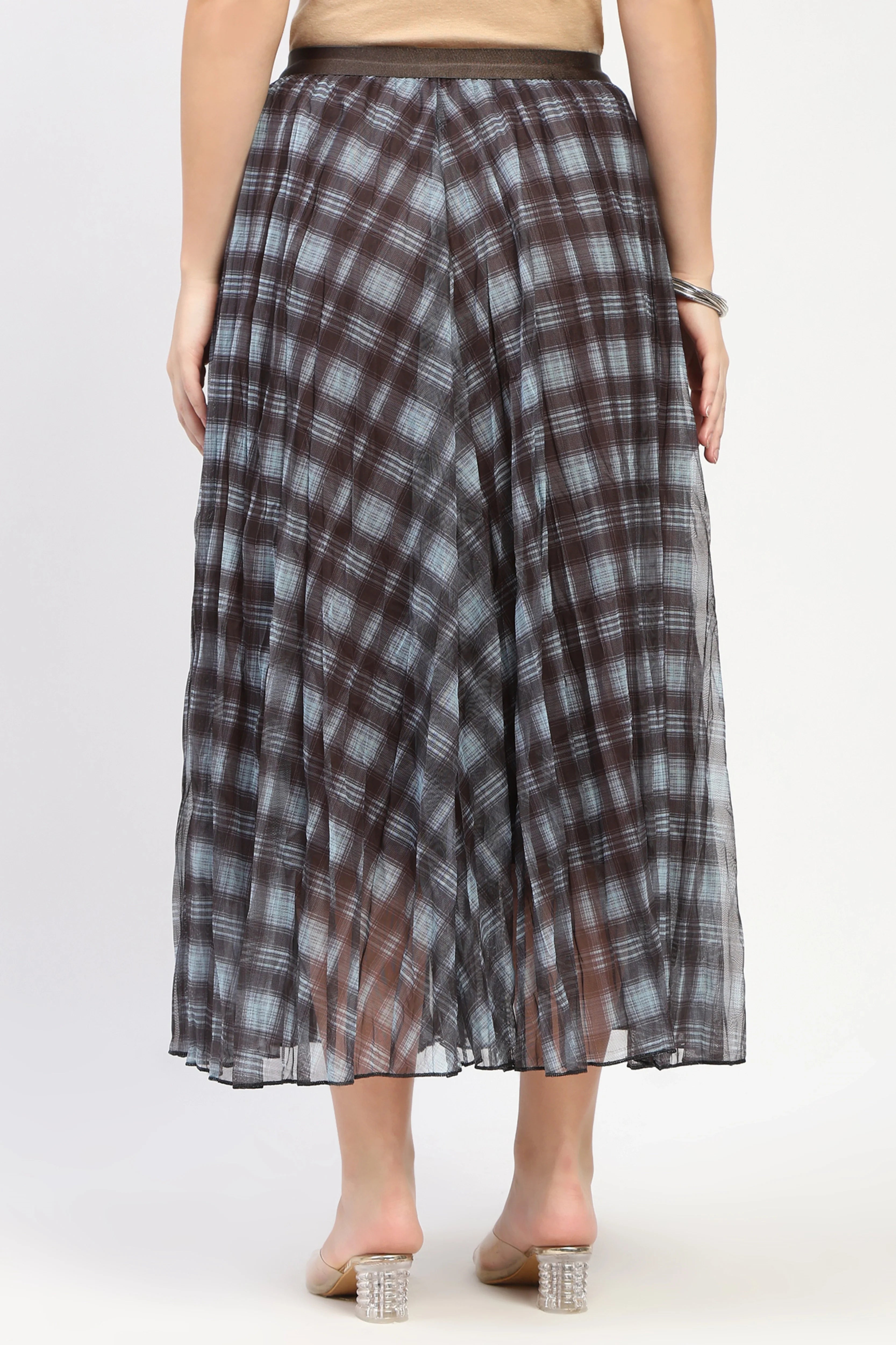 Coffee Check Flared Midi Skirt-Global Republic