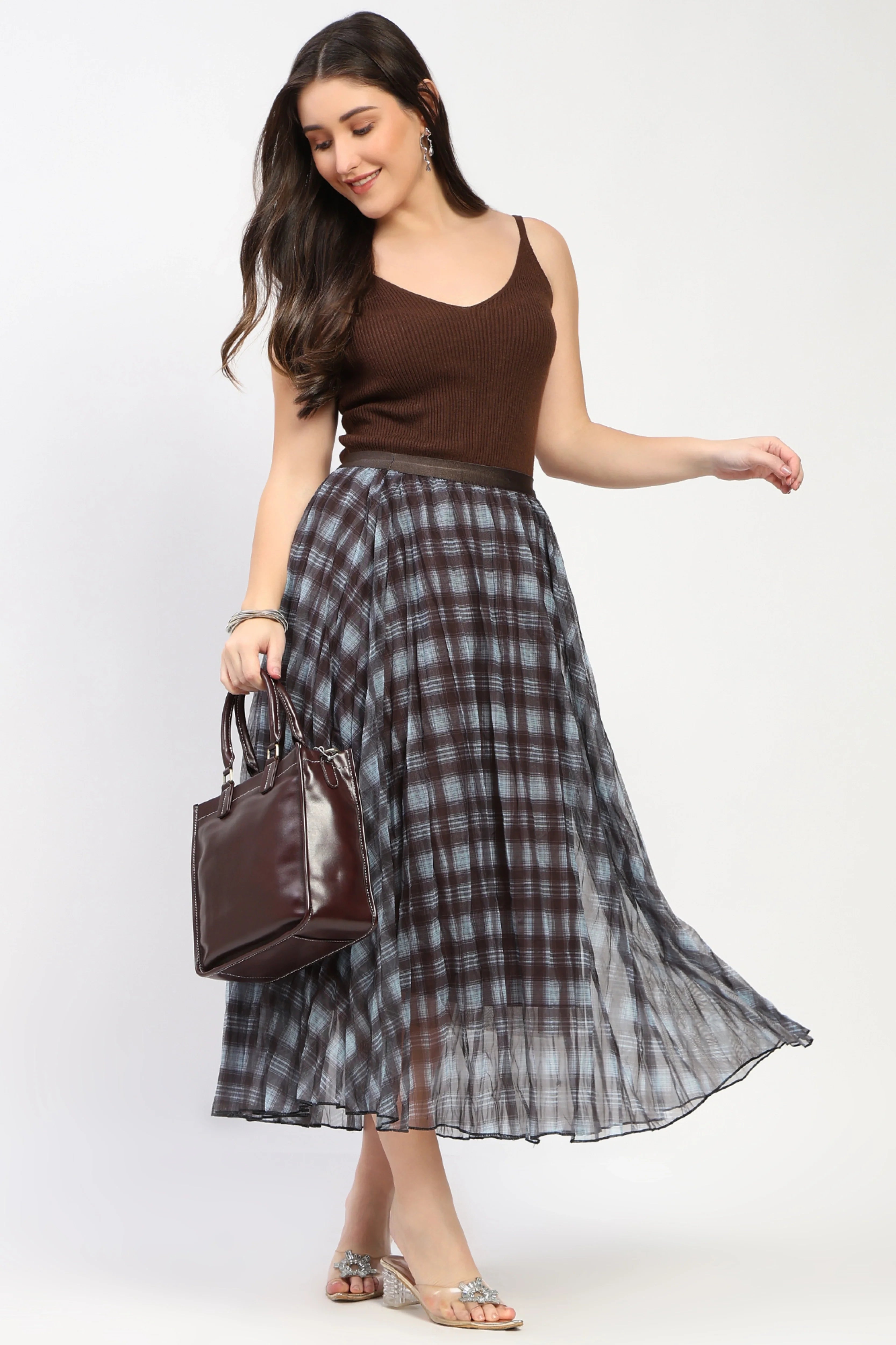 Coffee Check Flared Midi Skirt-Global Republic