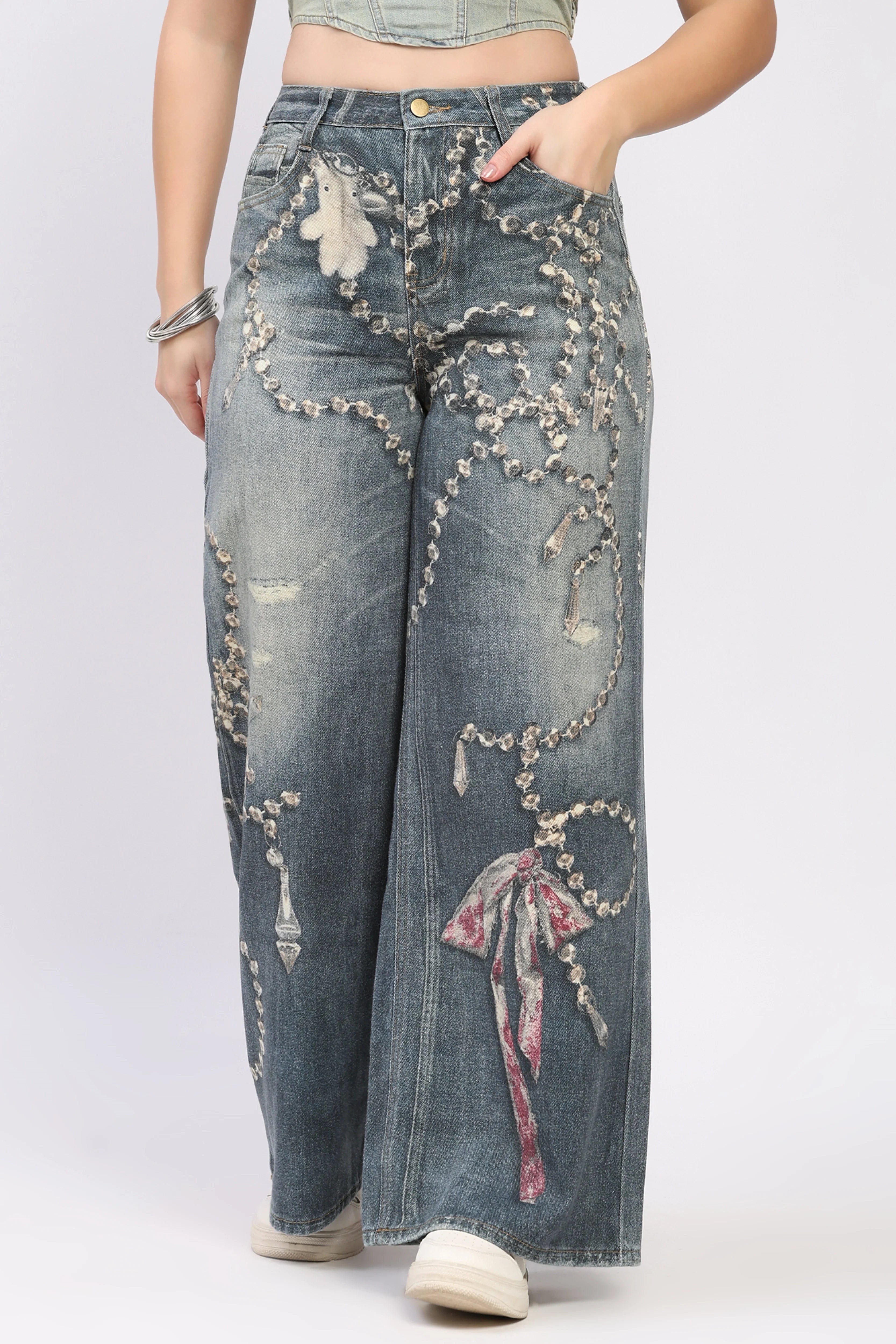 Blue Bow Print Wide-Leg Jeans-Global Republic