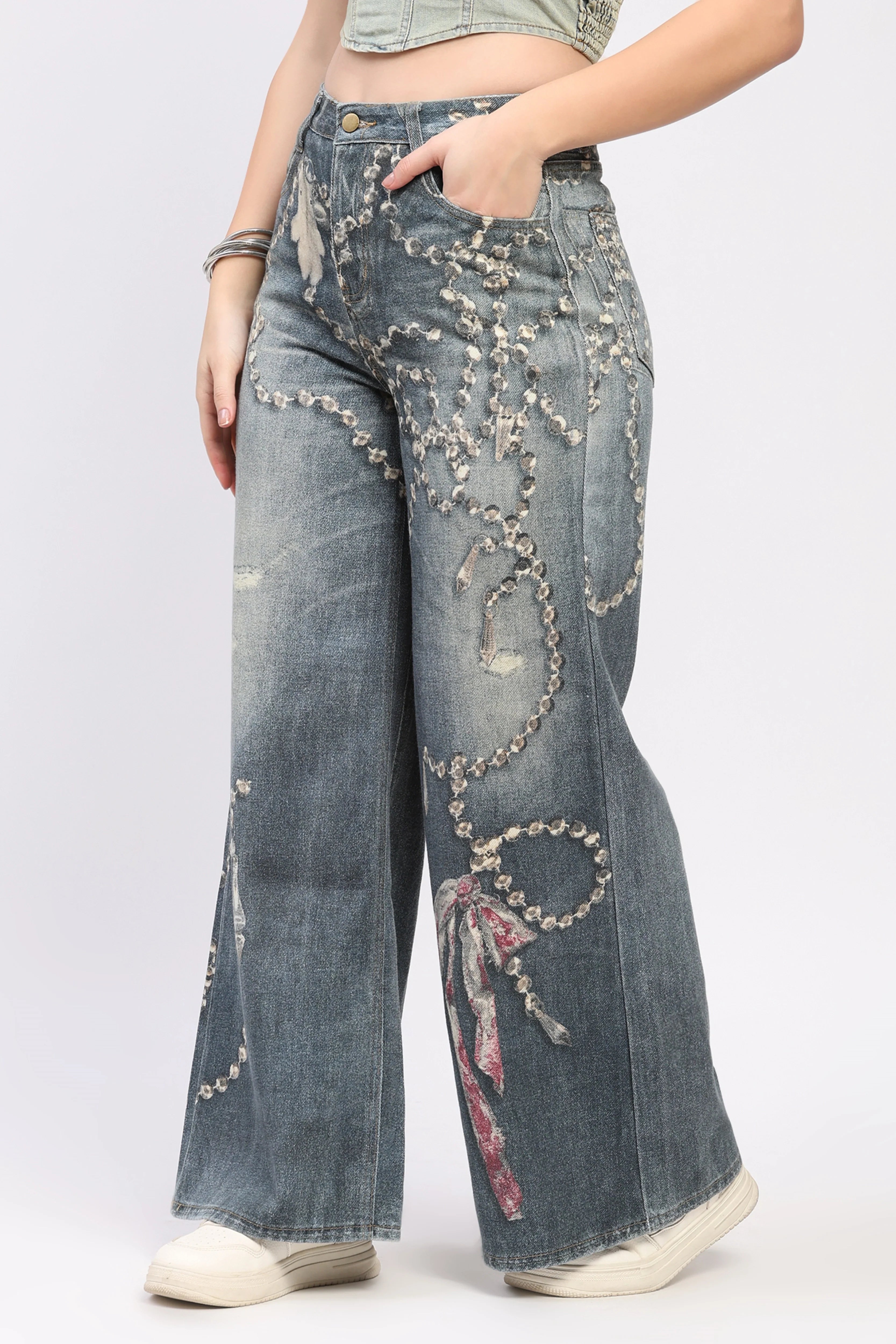 Blue Bow Print Wide-Leg Jeans-Global Republic