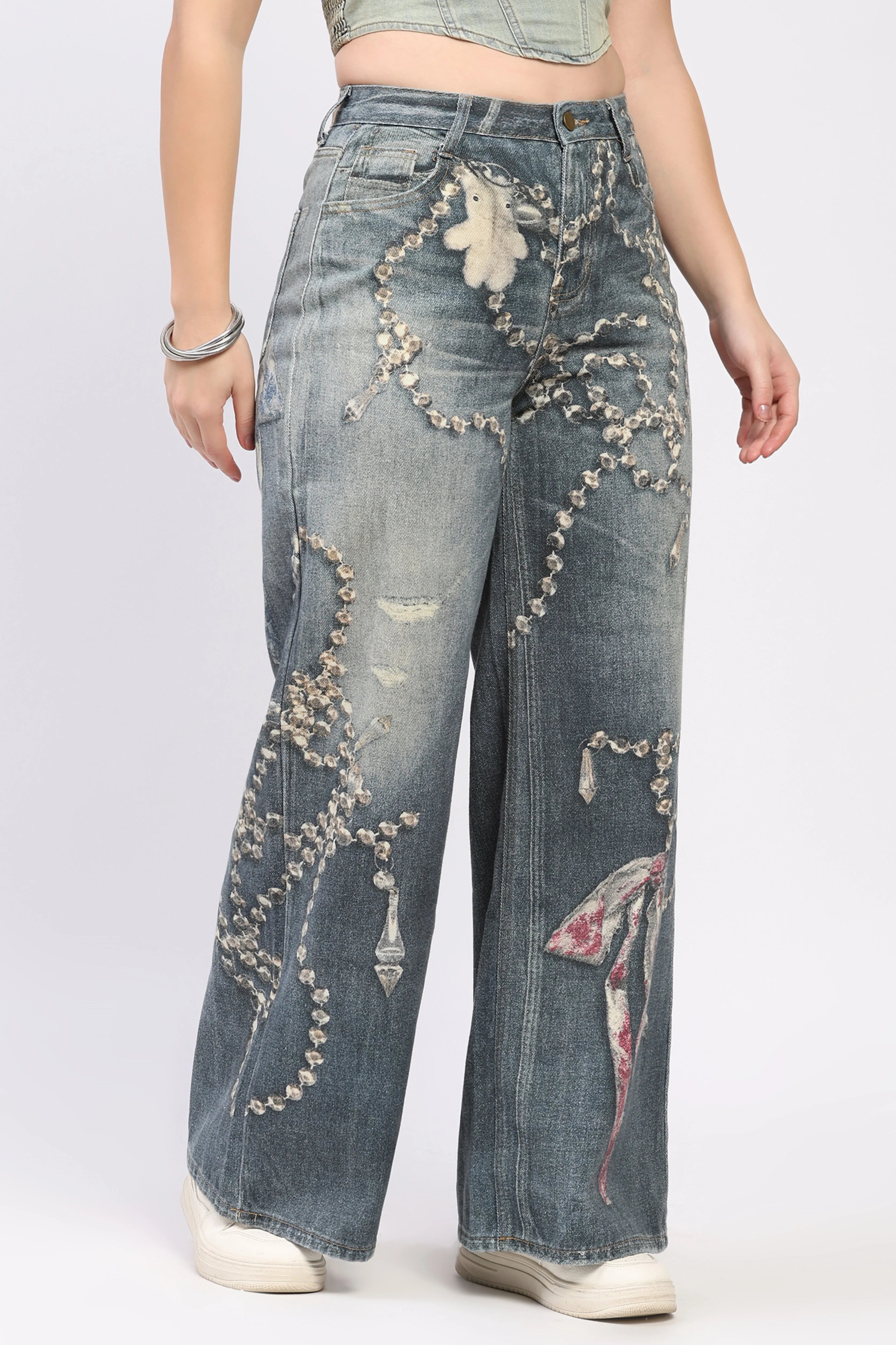 Blue Bow Print Wide-Leg Jeans-Global Republic
