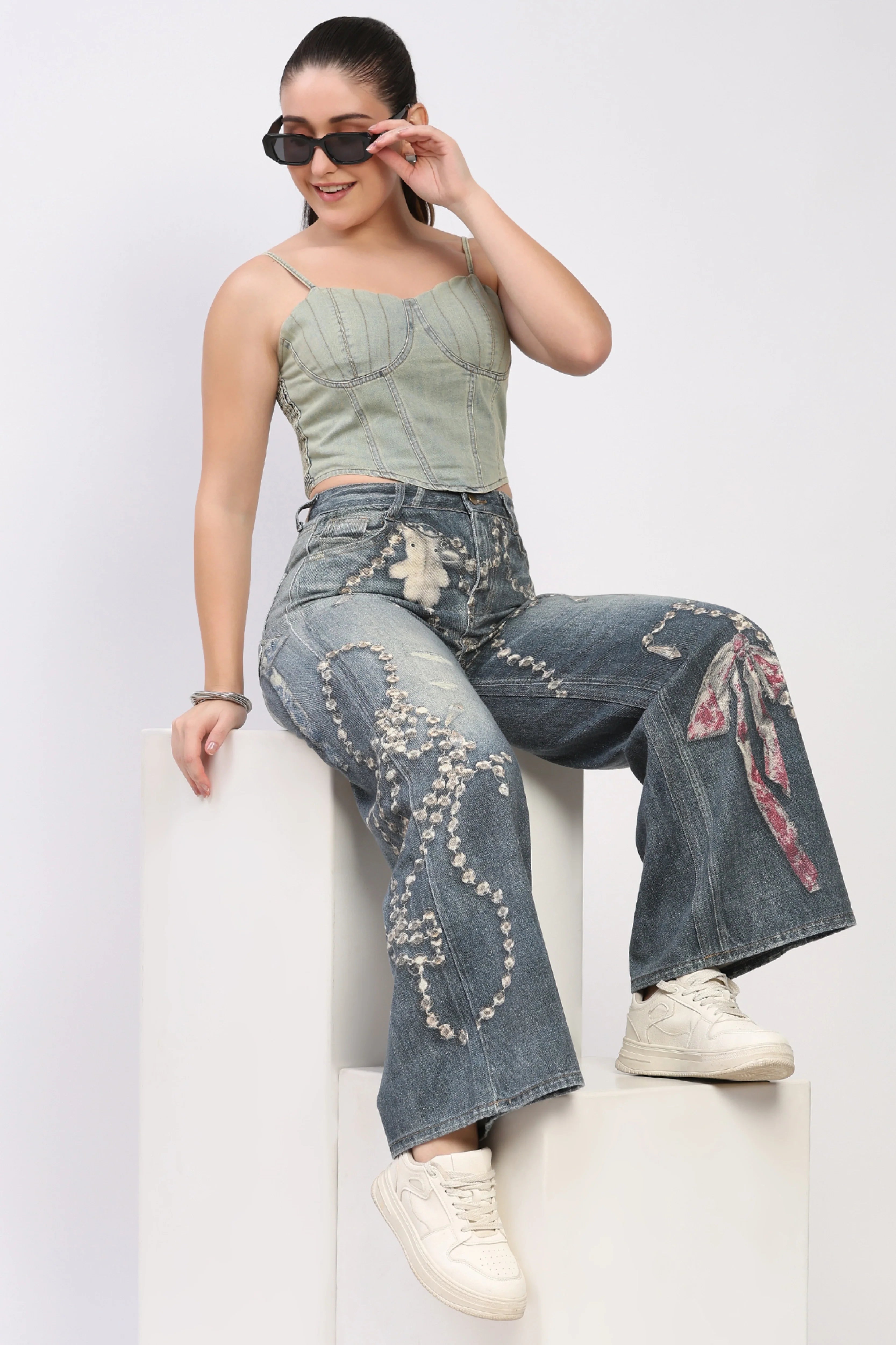 Blue Bow Print Wide-Leg Jeans-Global Republic