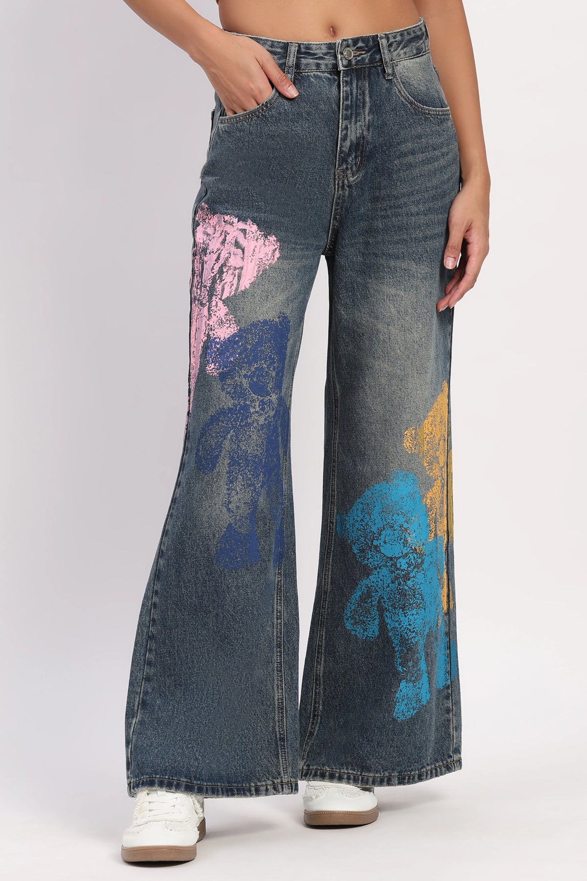 Blue Graphic Wide-Leg Jeans