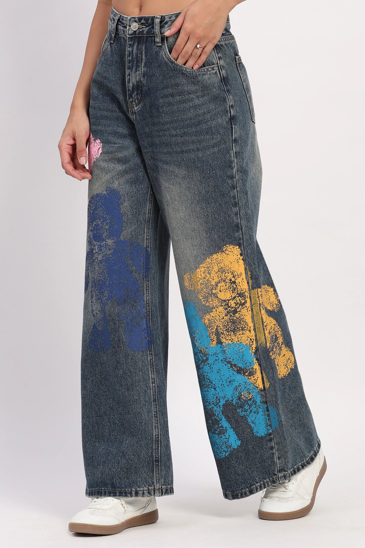 Blue Graphic Wide-Leg Jeans